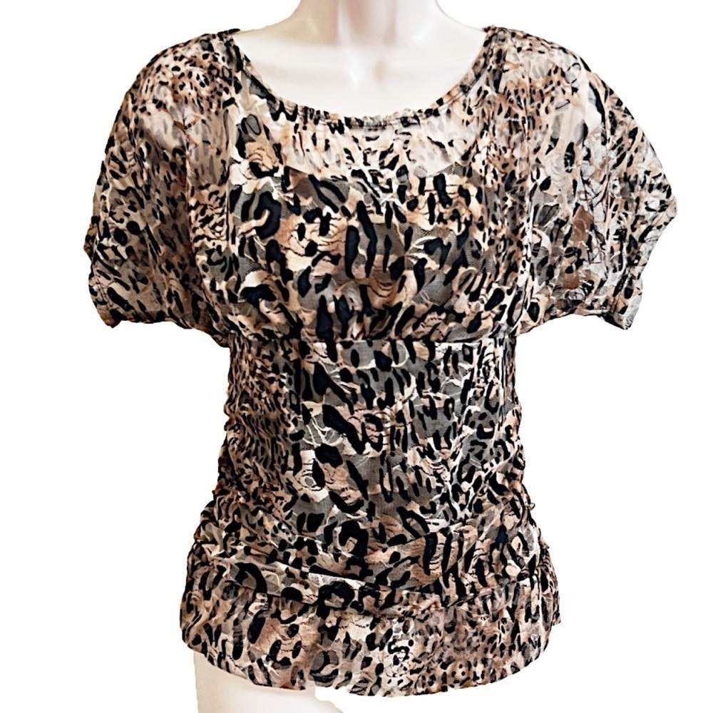 Heart Soul Animal Print Scoop Neck Cap Sleeve Tan Blouse Top Pullover Medium